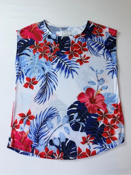 ECLA Tops - Womens Tropical Hibiscus Flower T Shirt Short Sleeve Blue Red Hawaiian Sz Medium